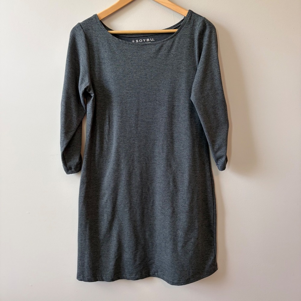 Soybu Womens Charcoal Gray Heather Boat Neck 3/4 Sleeve Ruched Mini Dress Size M